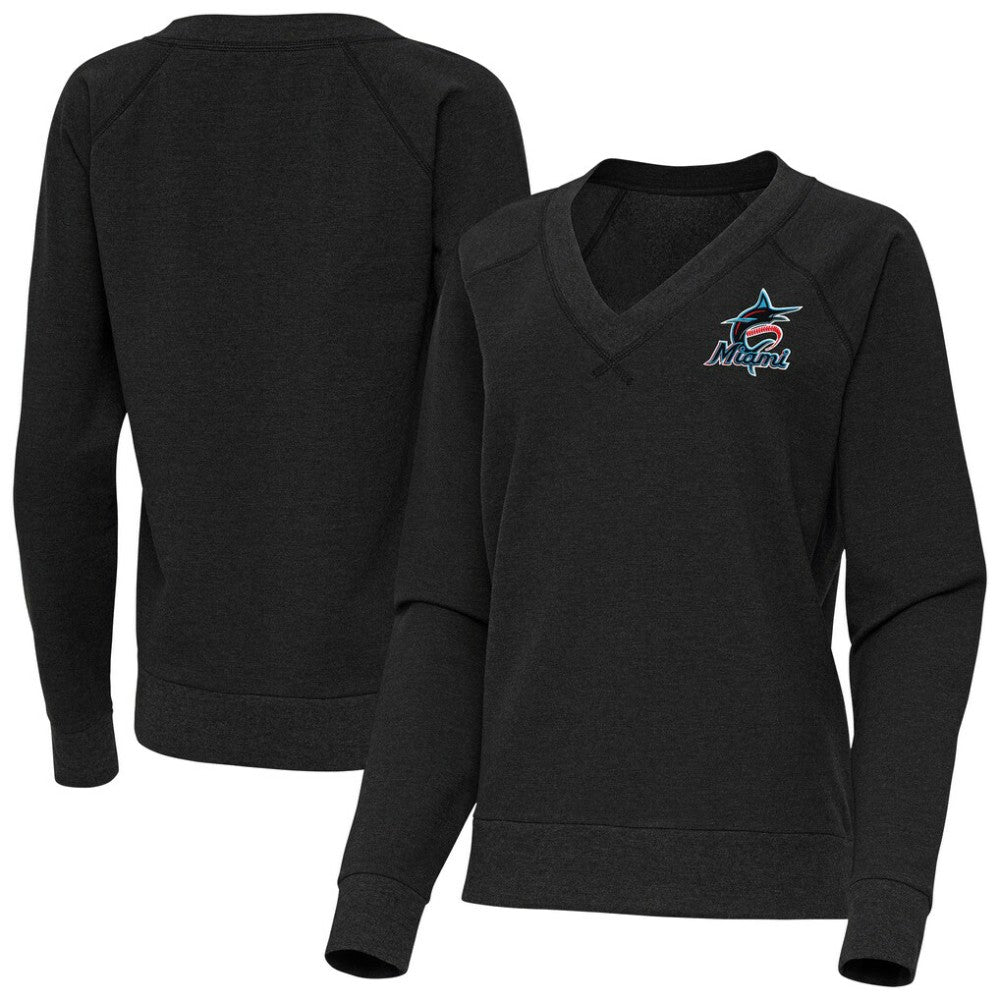 Miami Marlins Antigua Women's Varsity Tri-Blend V-Neck Long Sleeve T-Shirt - Heather Black