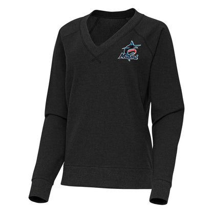 Miami Marlins Antigua Women's Varsity Tri-Blend V-Neck Long Sleeve T-Shirt - Heather Black