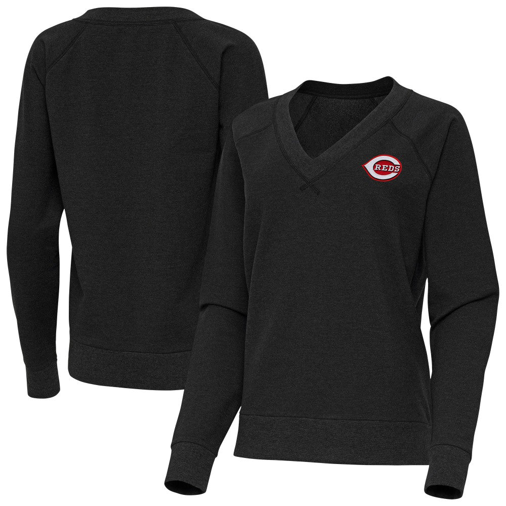 Cincinnati Reds Antigua Women's Varsity Tri-Blend V-Neck Long Sleeve T-Shirt - Heather Black