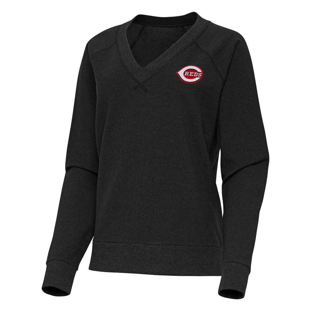 Cincinnati Reds Antigua Women's Varsity Tri-Blend V-Neck Long Sleeve T-Shirt - Heather Black