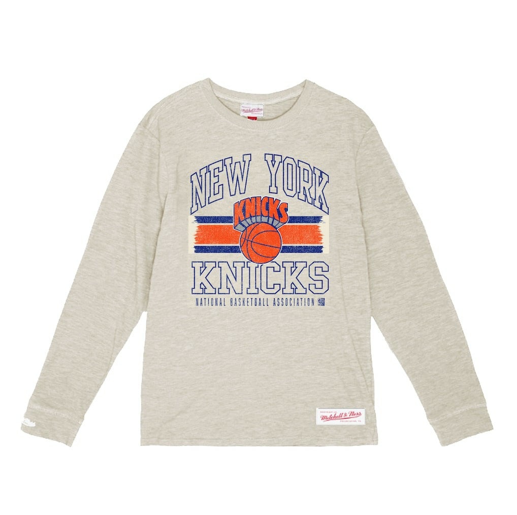 New York Knicks Striped Logo Lockup Premium T-Shirt - Cream | Mitchell & Ness outlet
