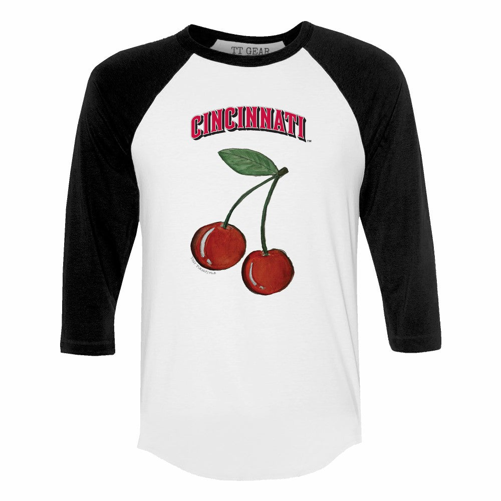 Cincinnati Reds Tiny Turnip Women's Cherries 3/4-Sleeve Raglan Baseball T-Shirt - White
