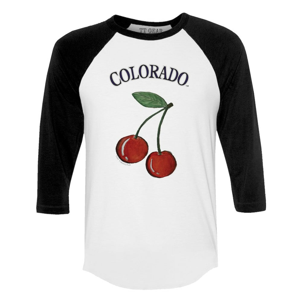 Colorado Rockies Tiny Turnip Women's Cherries 3/4-Sleeve Raglan Baseball T-Shirt - White