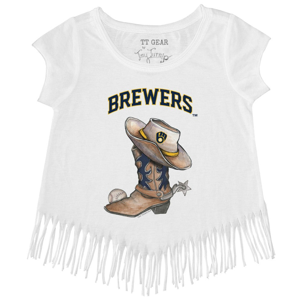 Milwaukee Brewers Tiny Turnip Girls Youth Cowboy Boot Fringe T-Shirt - White