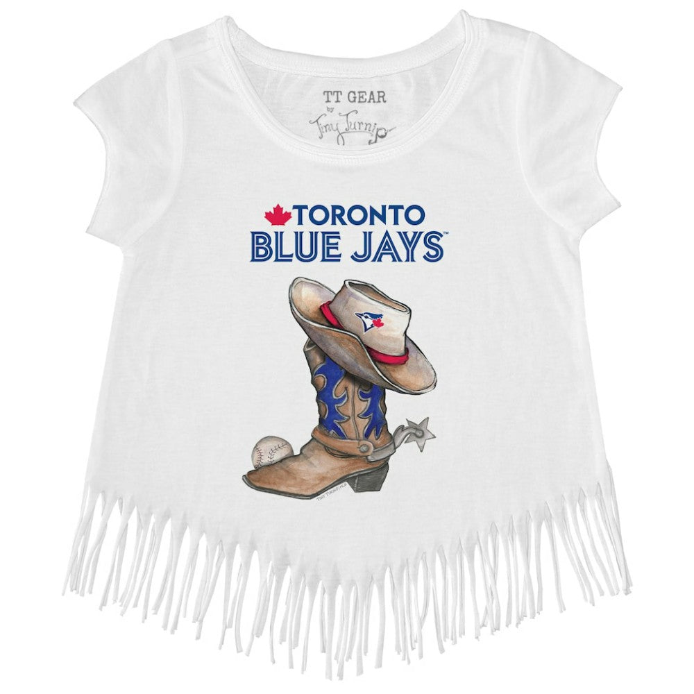 Toronto Blue Jays Tiny Turnip Girls Youth Cowboy Boot Fringe T-Shirt - White