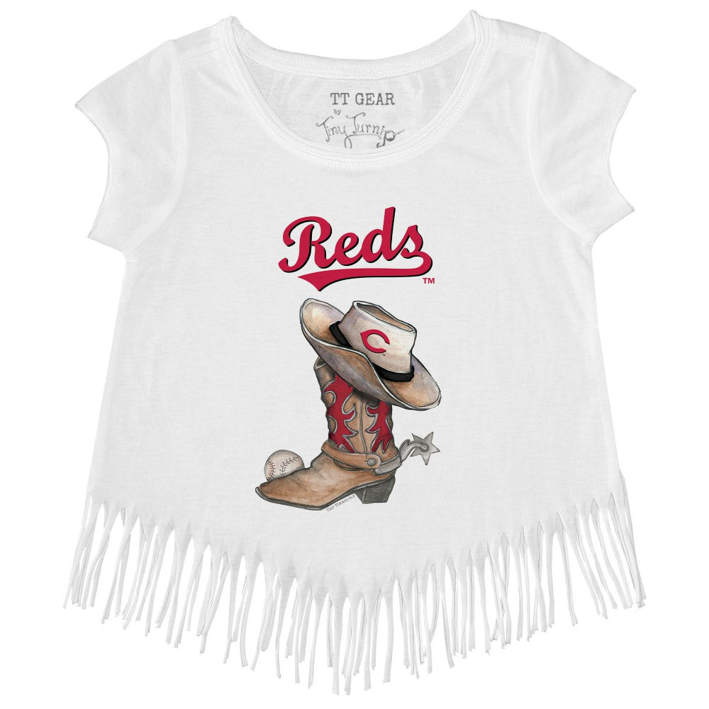 Cincinnati Reds Tiny Turnip Girls Youth Cowboy Boot Fringe T-Shirt - White