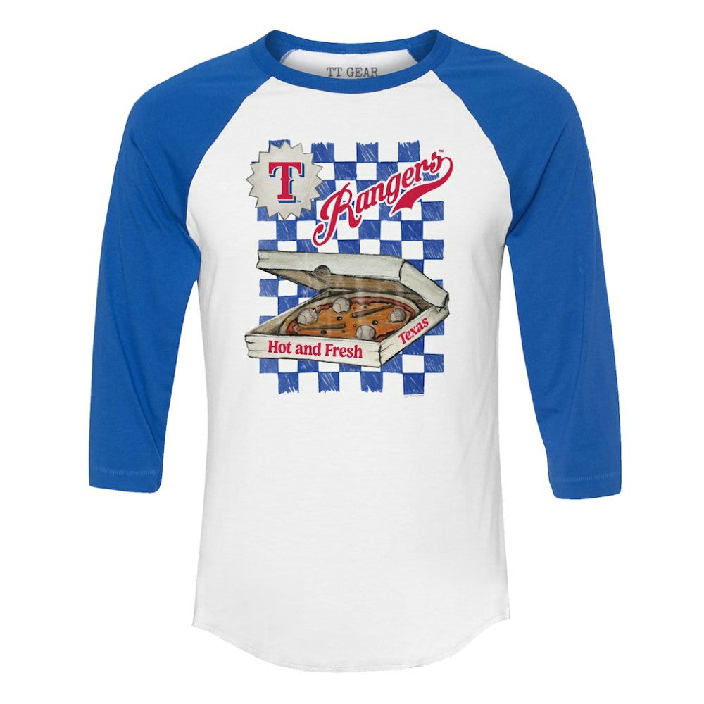 Texas Rangers Tiny Turnip Women's Pizza 3/4-Sleeve Raglan Baseball T-Shirt - White/Royal