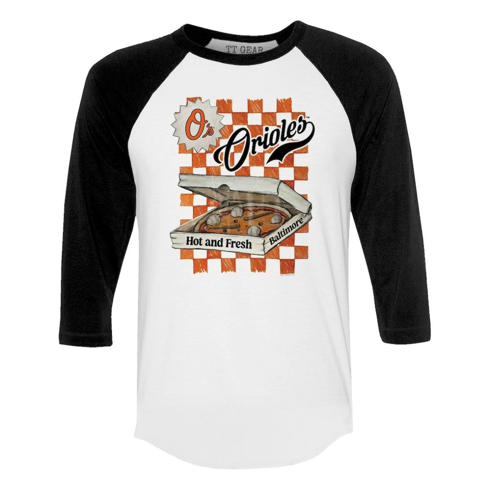 Baltimore Orioles Tiny Turnip Women's Pizza 3/4-Sleeve Raglan Baseball T-Shirt - White/Black