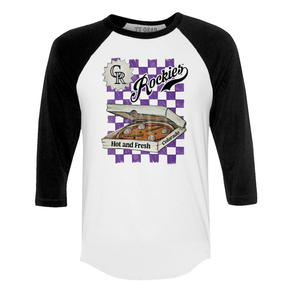 Colorado Rockies Tiny Turnip Women's Pizza 3/4-Sleeve Raglan Baseball T-Shirt - White/Black