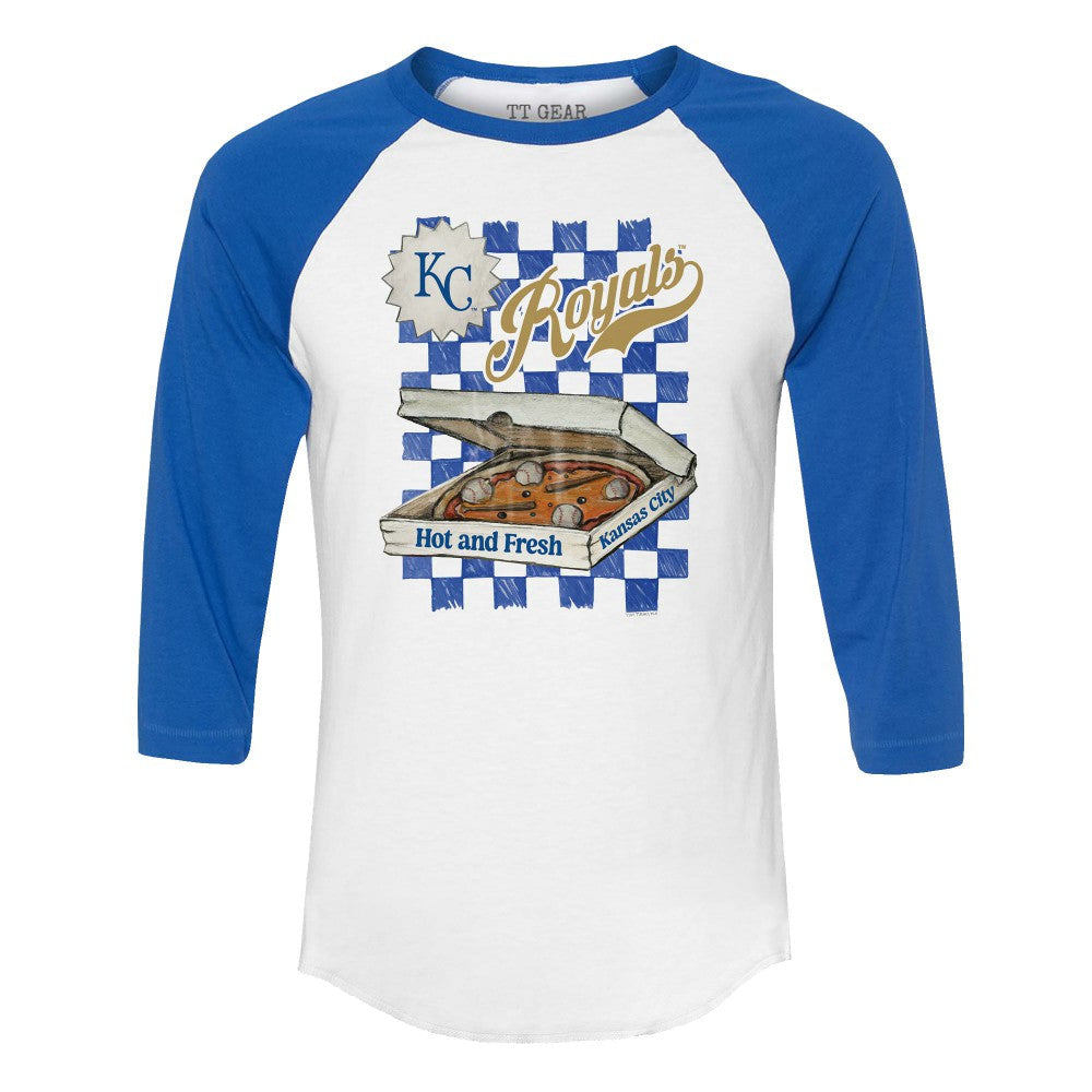 Kansas City Royals Tiny Turnip Women's Pizza 3/4-Sleeve Raglan Baseball T-Shirt - White/Royal