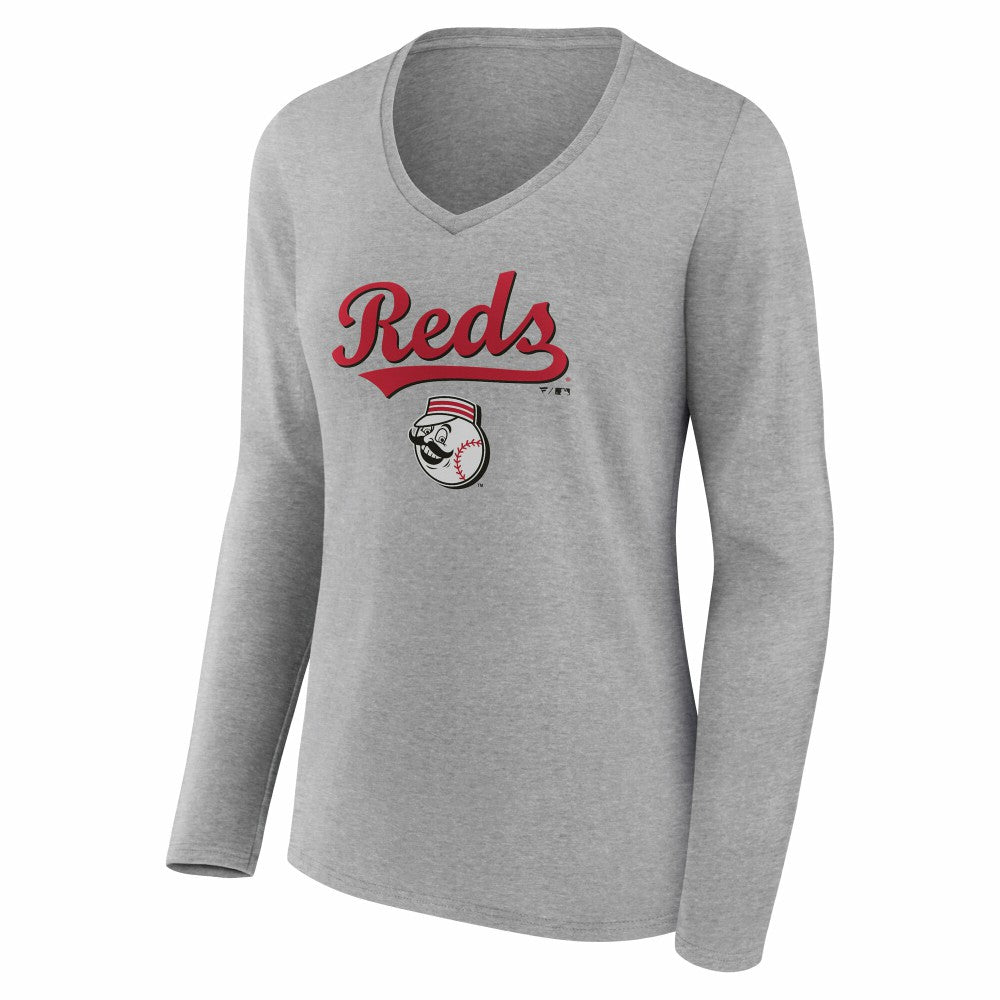 Cincinnati Reds Women's Team Lockup Long Sleeve V-Neck T-Shirt - Gray