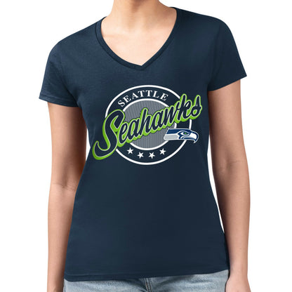 Seattle Seahawks G-III 4Her by Carl Banks Women's Super-Slim Fit Lightweight Pinstripe Circle V-Neck T-Shirt - Navy for sale