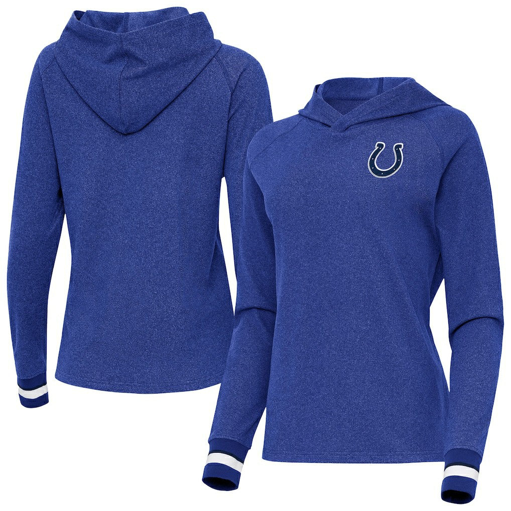 Indianapolis Colts Antigua Women's Trek Raglan Pullover Hoodie - Heather Royal on sale