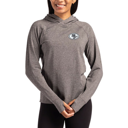 San Francisco 49ers Cutter & Buck Women's Tonal Logo Adapt Knit Recycled Raglan Pullover Hoodie - Heather Charcoal for sale