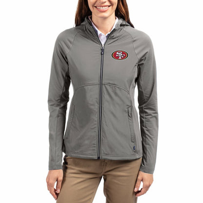 San Francisco 49ers Cutter & Buck Women's Adapt Eco Knit Hybrid Recycled Raglan Full-Zip Hoodie Jacket - Gray for sale