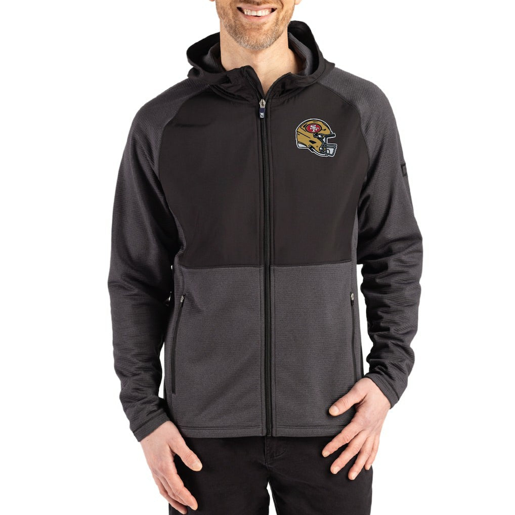San Francisco 49ers Cutter & Buck Peshastin Eco Fleece Recycled Raglan Full-Zip Tri-Blend Hybrid Jacket - Heather Black for sale