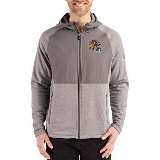 San Francisco 49ers Cutter & Buck Peshastin Eco Fleece Recycled Raglan Full-Zip Tri-Blend Hybrid Jacket - Heather Gray for sale