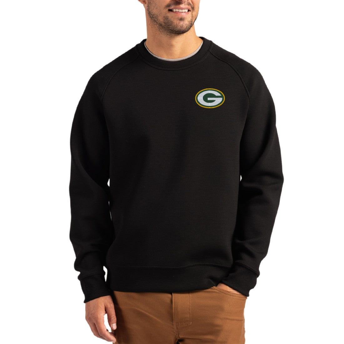 Green Bay Packers Cutter & Buck Primary Logo Roam Recycled Raglan Pullover Sweatshirt - Black outlet