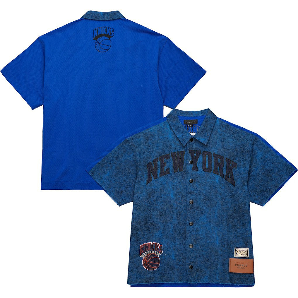 New York Knicks x Purple Brand Button-Up Shooting Shirt - Navy | Mitchell & Ness shop