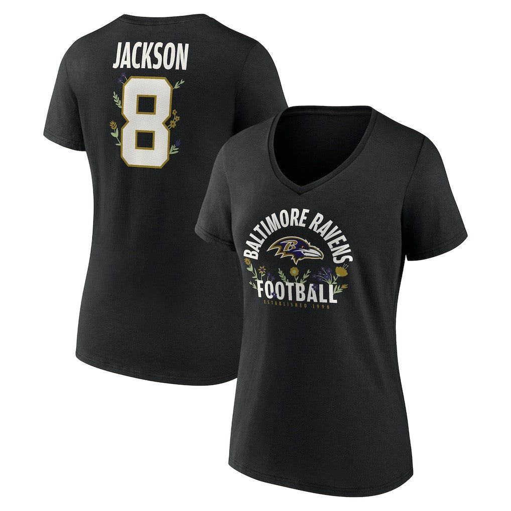 Lamar Jackson Baltimore Ravens Women's Floral Name & Number V-Neck T-Shirt - Black on sale