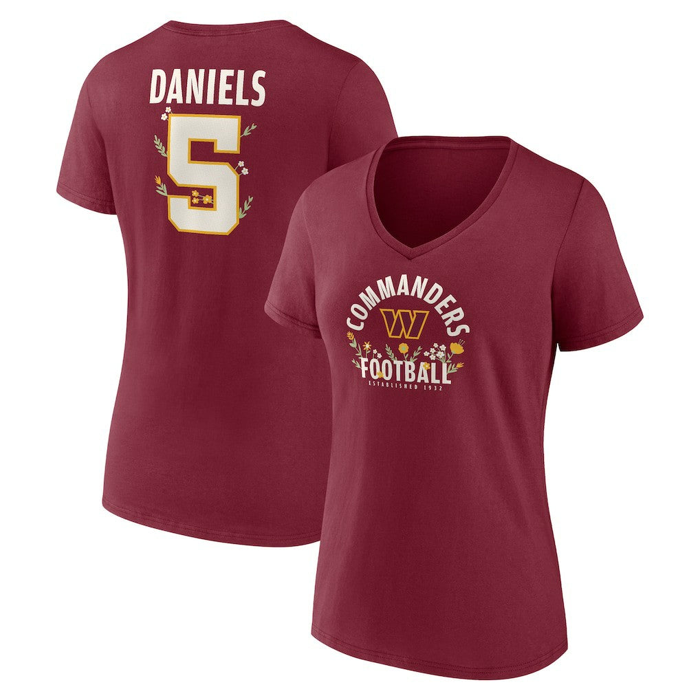 Jayden Daniels Washington Commanders Women's Floral Name & Number V-Neck T-Shirt - Garnet cheap