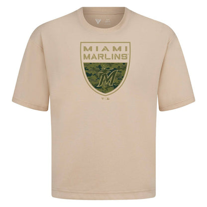 Miami Marlins Levelwear Oversized Luxe Signature Knit Buckler T-Shirt - Khaki