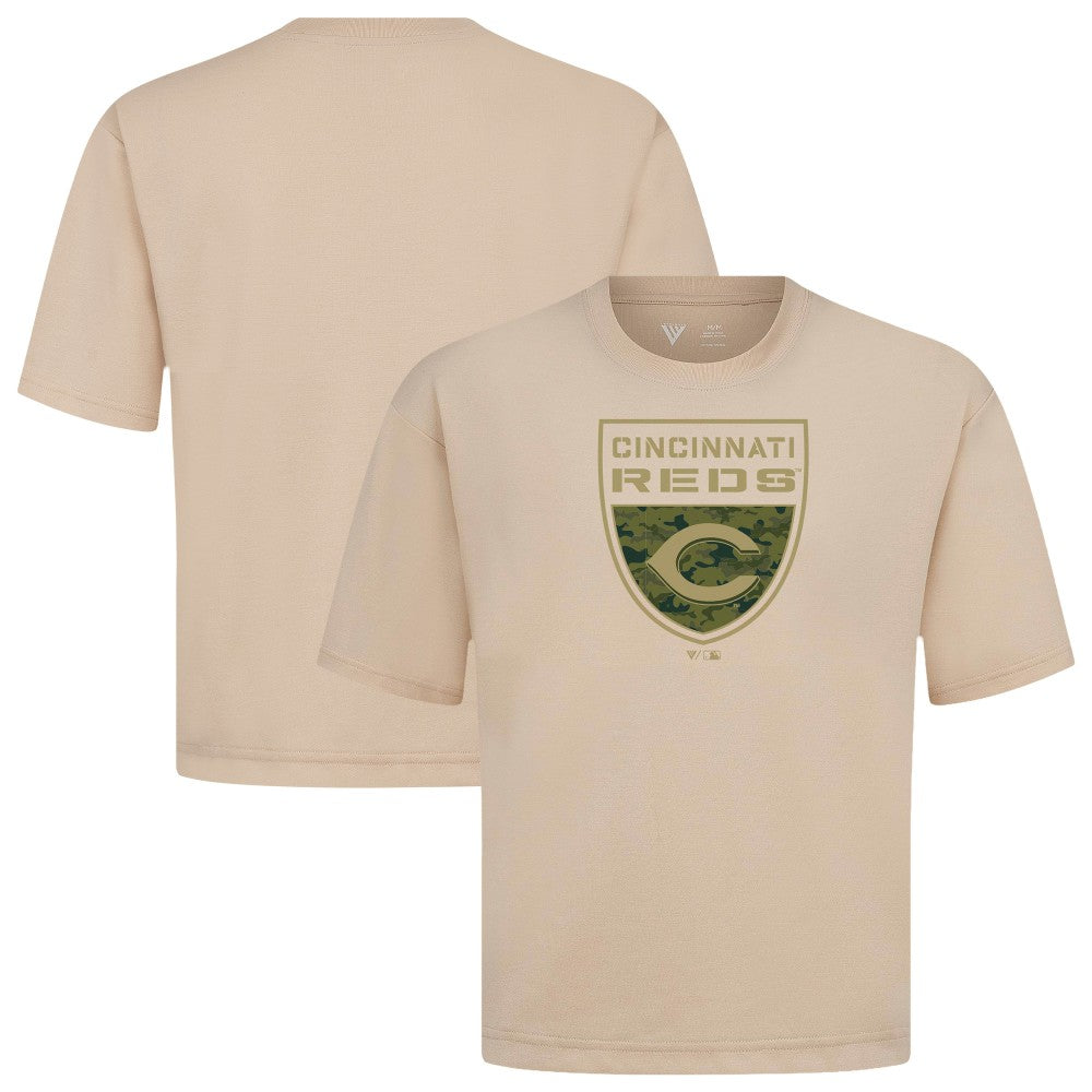 Cincinnati Reds Levelwear Oversized Luxe Signature Knit Buckler T-Shirt - Khaki