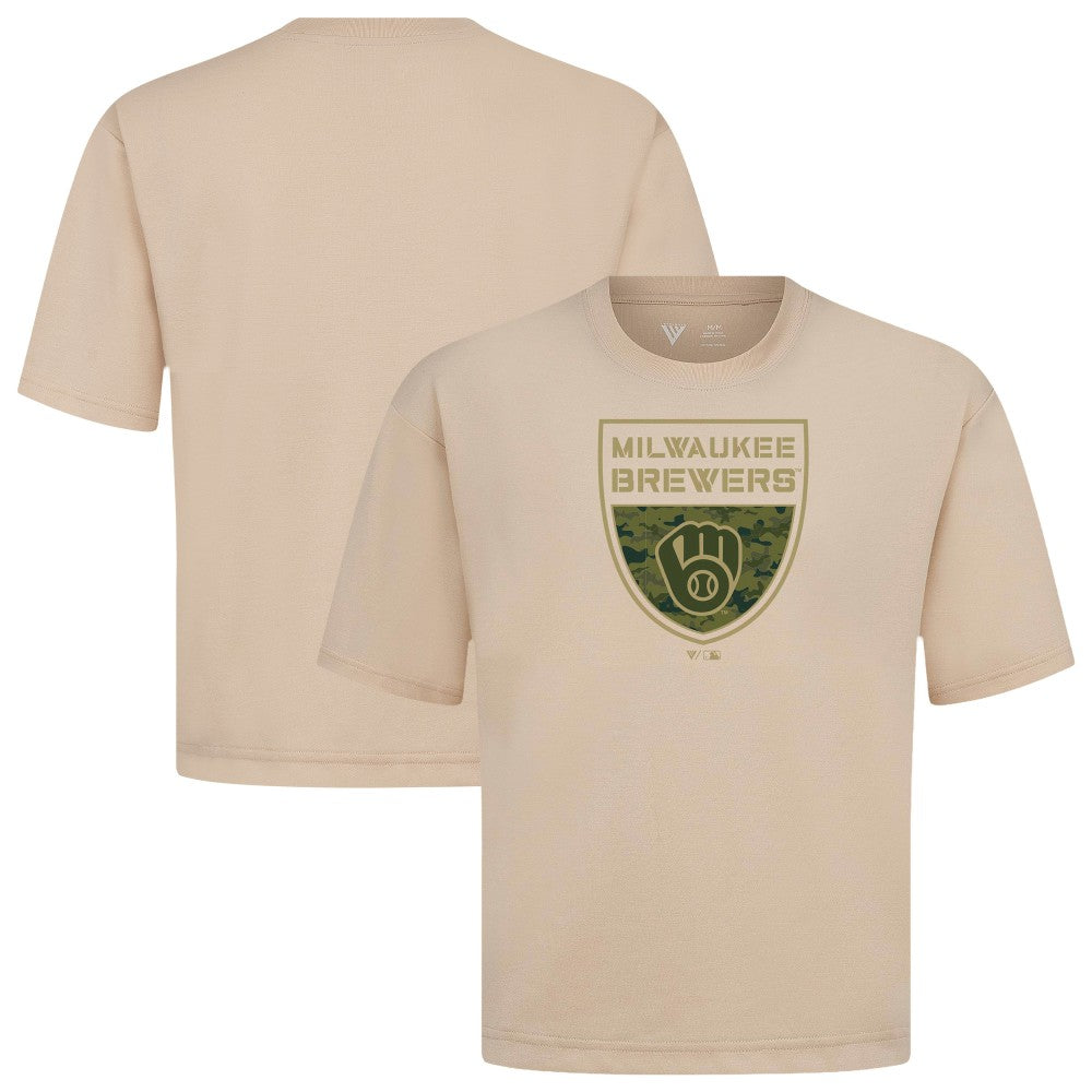 Milwaukee Brewers Levelwear Oversized Luxe Signature Knit Buckler T-Shirt - Khaki