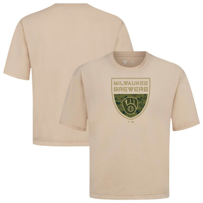 Milwaukee Brewers Levelwear Oversized Luxe Signature Knit Buckler T-Shirt - Khaki