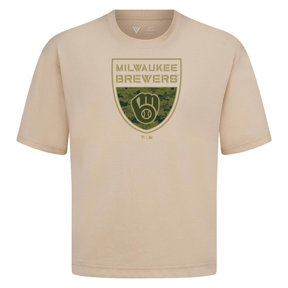 Milwaukee Brewers Levelwear Oversized Luxe Signature Knit Buckler T-Shirt - Khaki