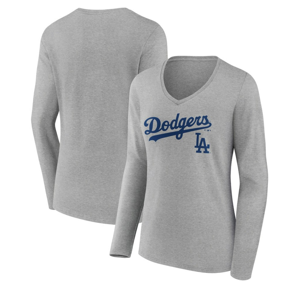 Los Angeles Dodgers Women's Team Lockup Long Sleeve V-Neck T-Shirt - Gray