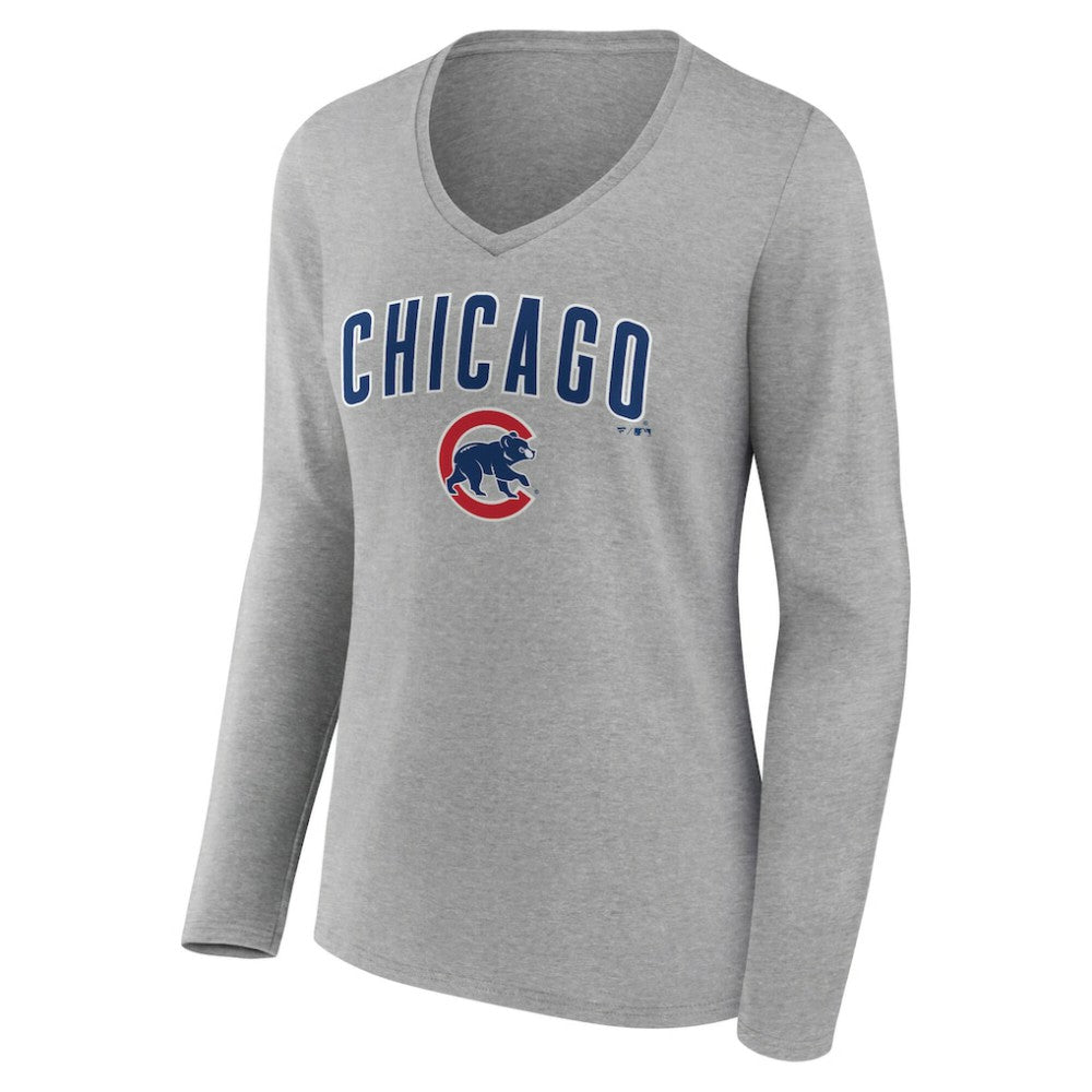 Chicago Cubs Women's Team Lockup Long Sleeve V-Neck T-Shirt - Gray