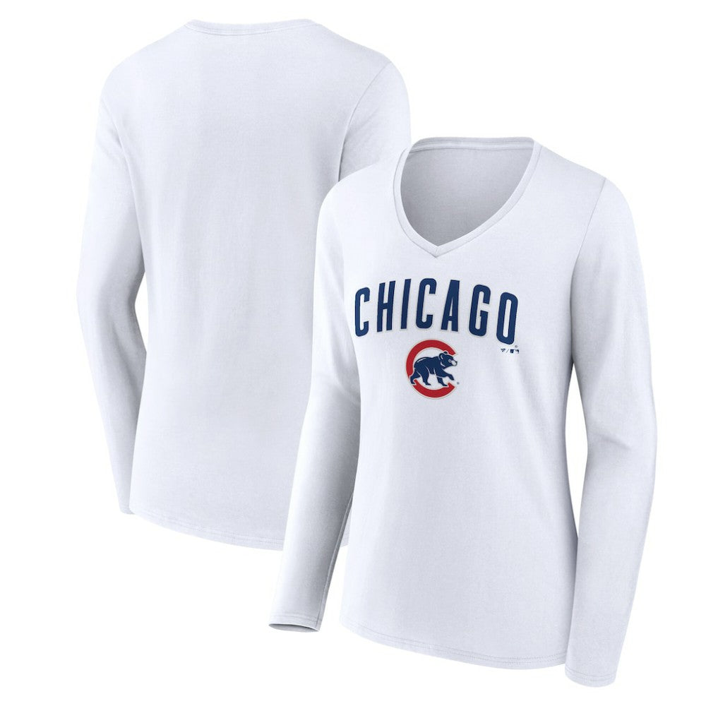 Chicago Cubs Women's Team Lockup Long Sleeve V-Neck T-Shirt - White