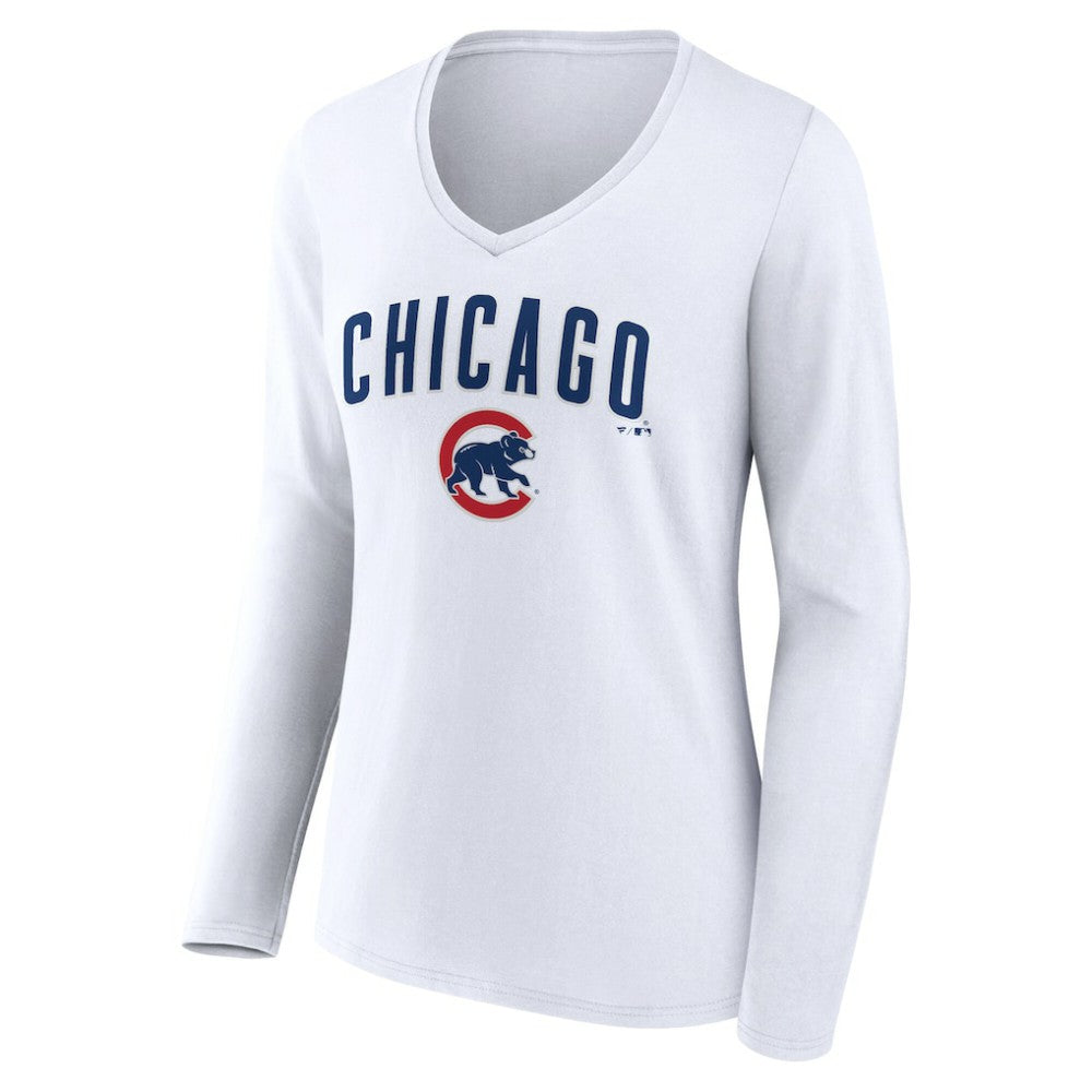 Chicago Cubs Women's Team Lockup Long Sleeve V-Neck T-Shirt - White