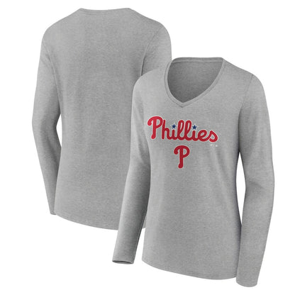 Philadelphia Phillies Women's Team Lockup Long Sleeve V-Neck T-Shirt - Gray