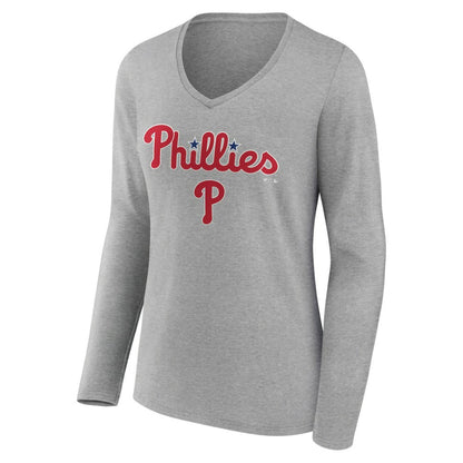 Philadelphia Phillies Women's Team Lockup Long Sleeve V-Neck T-Shirt - Gray
