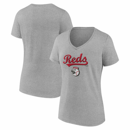 Cincinnati Reds Women's Team Lockup V-Neck T-Shirt - Gray