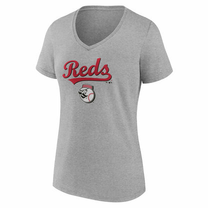 Cincinnati Reds Women's Team Lockup V-Neck T-Shirt - Gray