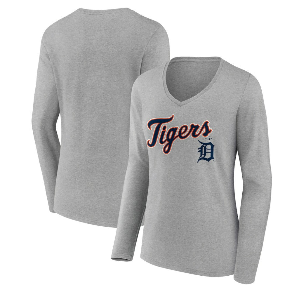 Detroit Tigers Women's Team Lockup Long Sleeve V-Neck T-Shirt - Gray