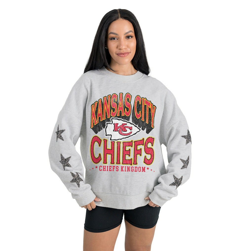 Kansas City Chiefs Gameday Couture Women's Resilience Relaxed Rhinestone Pullover Sweatshirt - Ash discount