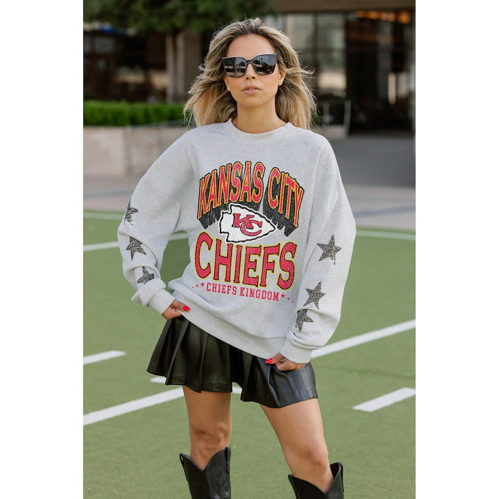 Kansas City Chiefs Gameday Couture Women's Resilience Relaxed Rhinestone Pullover Sweatshirt - Ash discount