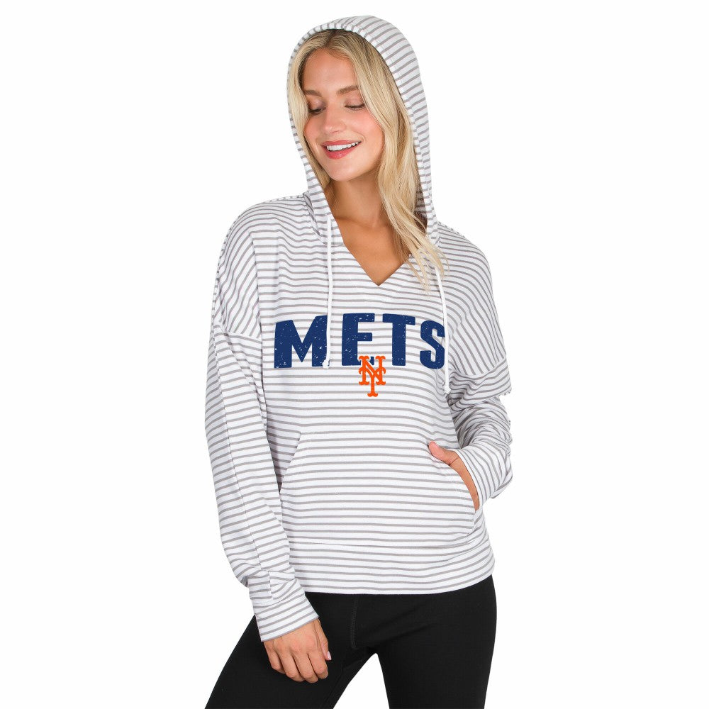 New York Mets Concepts Sport Women's Liftoff Striped V-Neck Hoodie - White/Gray