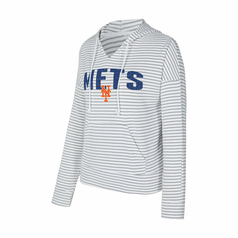 New York Mets Concepts Sport Women's Liftoff Striped V-Neck Hoodie - White/Gray