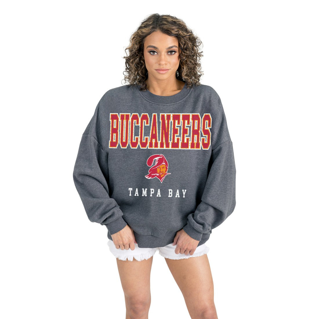 Tampa Bay Buccaneers Gameday Couture Women's Bring Your Energy Oversized Premium Fleece Pullover Sweatshirt - Charcoal sale