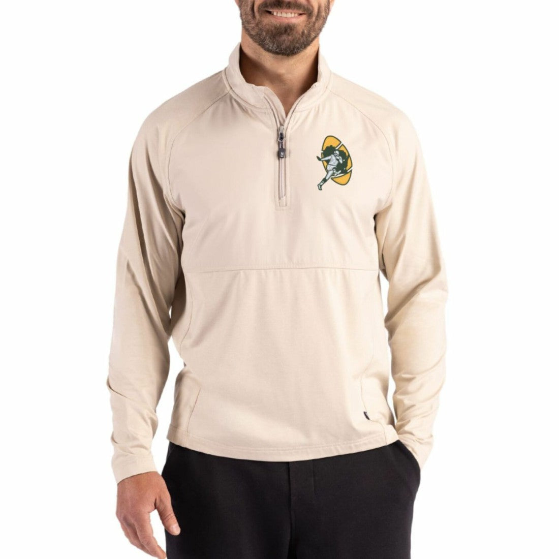 Green Bay Packers Cutter & Buck Adapt Eco Knit Hybrid Recycled Quarter-Zip Jacket - Light Brown for sale
