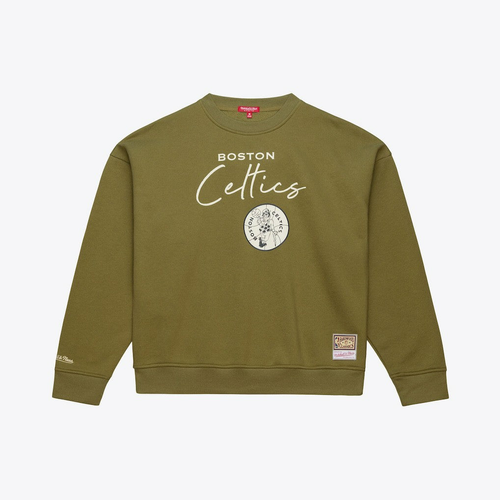 Boston Celtics Women's Lightweight Script Sweatshirt - Olive | Mitchell & Ness shop