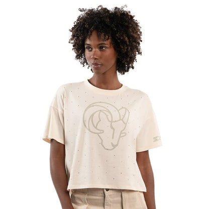 Los Angeles Rams Starter Women's Rhinestone Sprinkle Boxy Cropped T-Shirt - Cream on sale