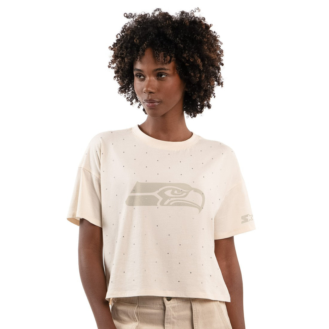 Seattle Seahawks Starter Women's Rhinestone Sprinkle Boxy Cropped T-Shirt - Cream outlet