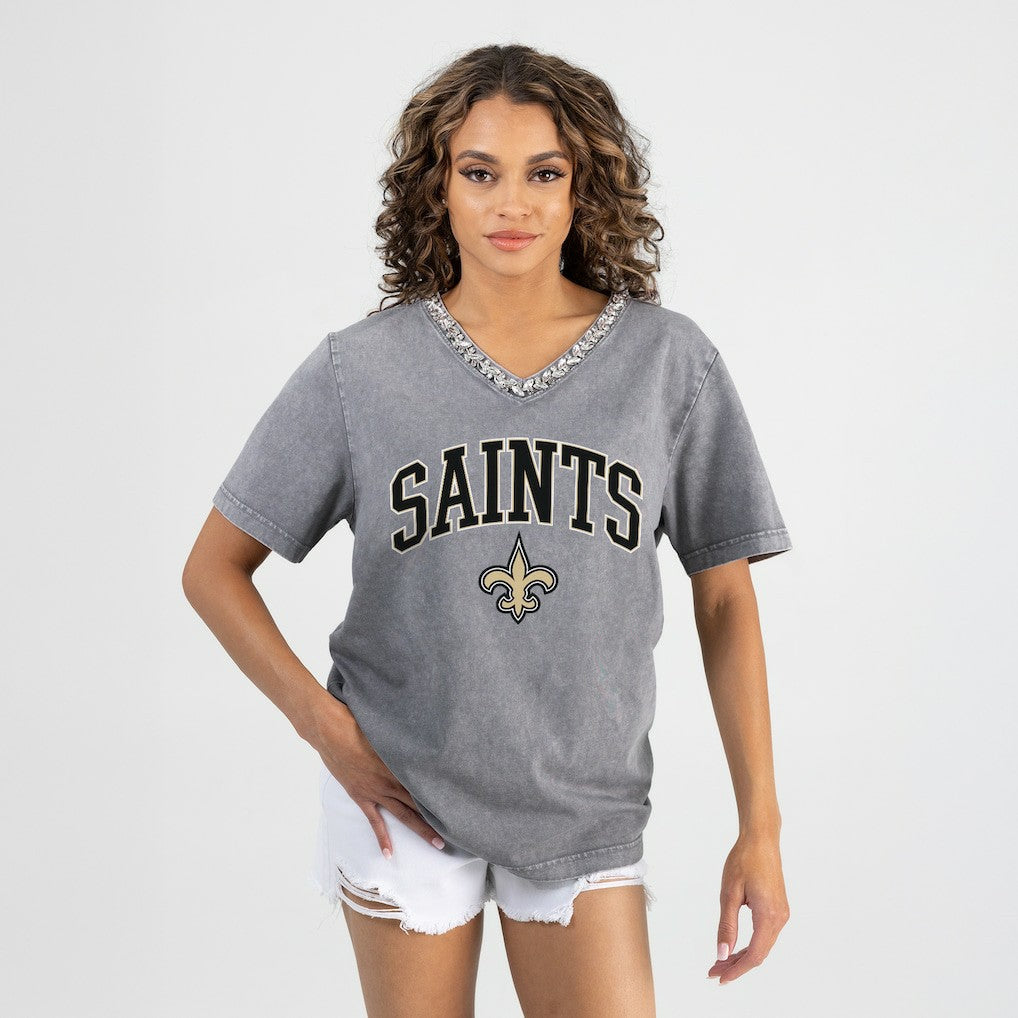 New Orleans Saints Gameday Couture Women's Relaxed Iconic Edge Rhinestone V-Neck T-Shirt - Gray sale