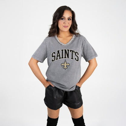 New Orleans Saints Gameday Couture Women's Relaxed Iconic Edge Rhinestone V-Neck T-Shirt - Gray sale